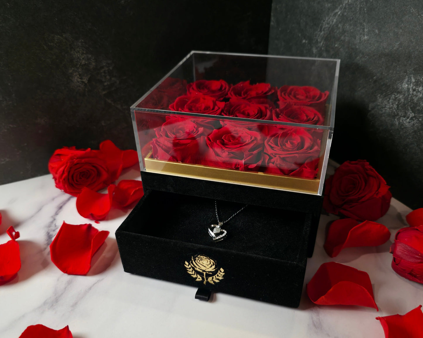 box of preserved roses